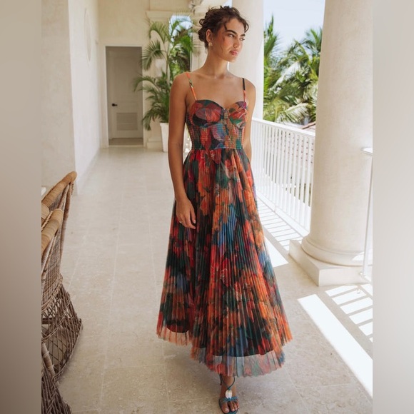 HUTCH BRIANNA GOWN in Teal Multi Overlay Hibiscus Floral NEW - Picture 1 of 4